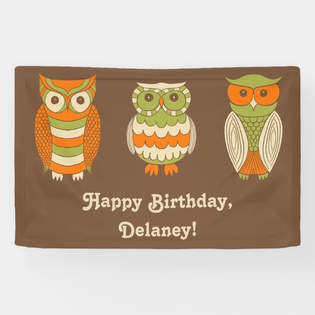 Niedlich Retro Owls Brown Personalisiert Banner (Horizontal)