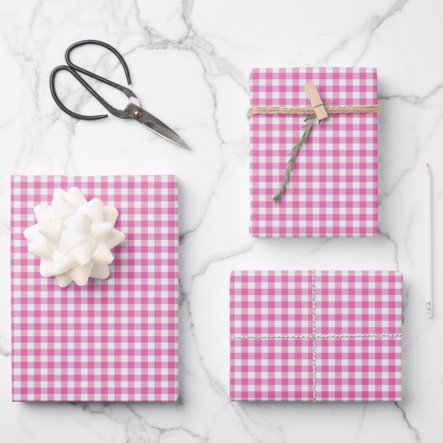 Niedlich Retro Pink Gingham Kariertes Muster  Geschenkpapier Set (Vorderseite)