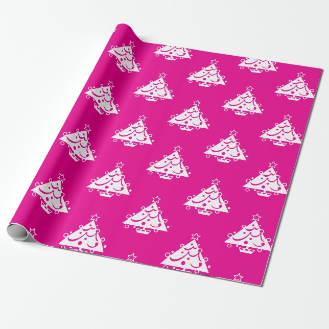 Niedlich Retro Pink White Christmas Tree Muster Geschenkpapier (Ungerollt)