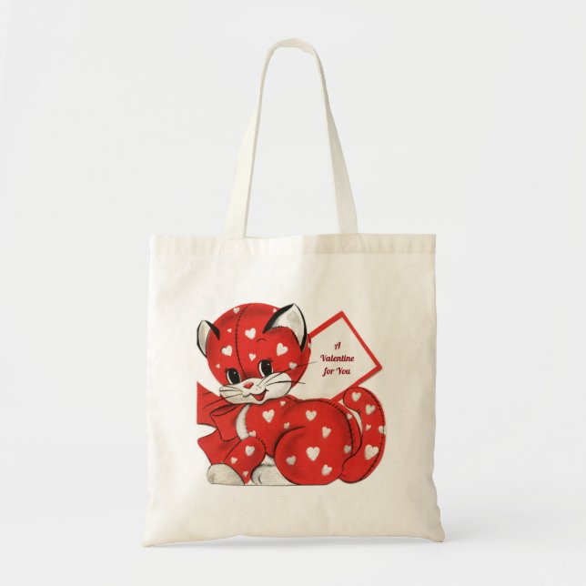 Niedlich Retro Red Kitten Valentine Budget Tragetasche (Vorne)