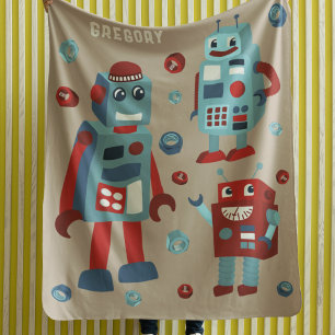 Niedlich Retro Robots Personalisierte Sci-Fi Fleecedecke