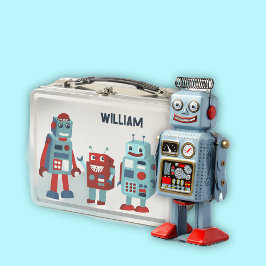 Niedlich Retro Robots Personalisierte Sci-Fi Metall Brotdose