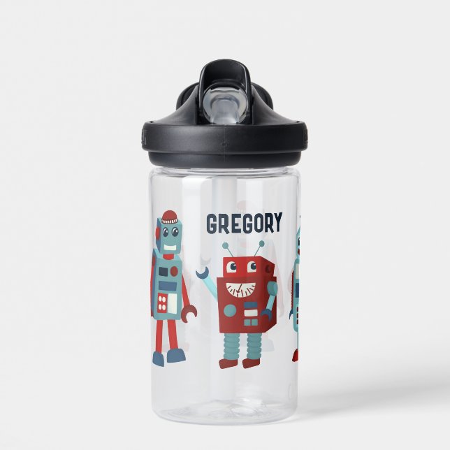 Niedlich Retro Robots Personalisierte Sci-Fi Trinkflasche (Vorne)