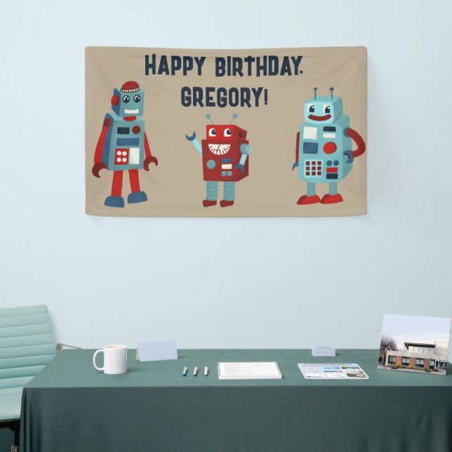 Niedlich Retro Robots Sci-Fi Boys Geburtstag Banner (Messeveranstaltung)