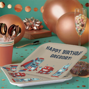 Niedlich Retro Robots Sci-Fi Boys Geburtstag Pappteller