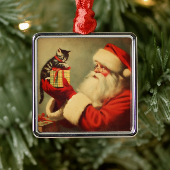 Niedlich Retro Santa mit Kitten Illustration Ornament Aus Metall (Baum)