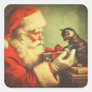 Niedlich Retro Santa mit Kitten Illustration Quadratischer Aufkleber