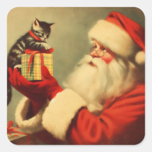 Niedlich Retro Santa mit Kitten Illustration Quadratischer Aufkleber