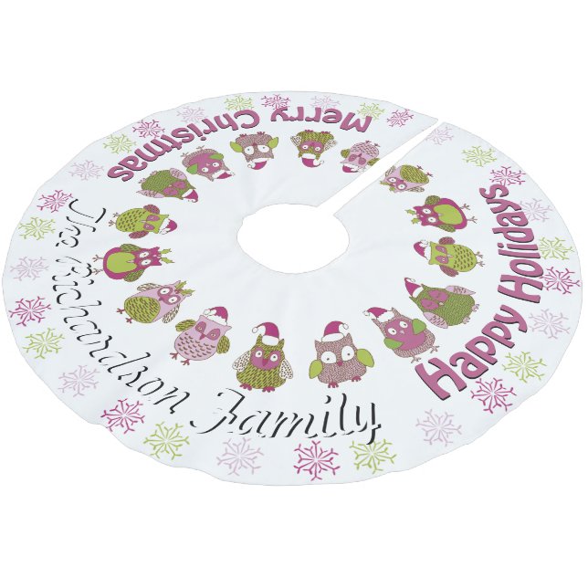 Niedlich Retro Santa Owls DEINEN NAMEN HIER Baumro Polyester Weihnachtsbaumdecke (Schrägansicht)