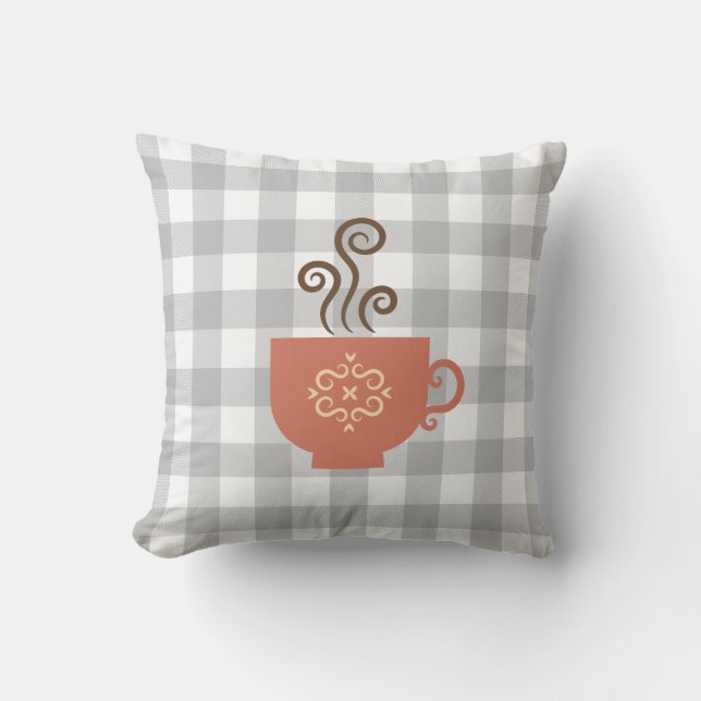 Niedlich Retro Tee oder Kaffee Cup auf Gray Buffal Kissen (Vorderseite)