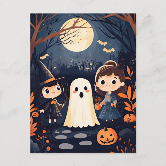 Niedlich Retro Vintag Halloween Kids Ghost Pumpkin Postkarte (Vorderseite)