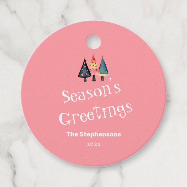 Niedlich Retro Weihnachtsbaum Rosa Feiertag Geschenkanhänger (Vorderseite)