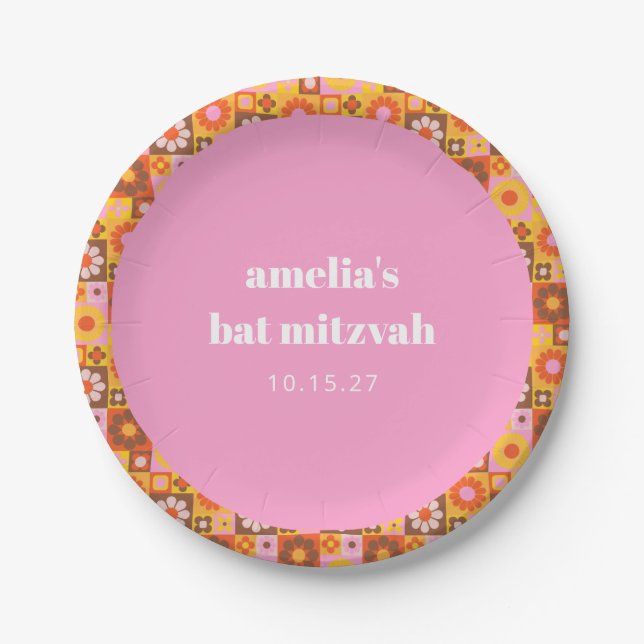 Niedlich Retroflor Rosa Orange Bat Mitzvah Custom Pappteller (Vorderseite)