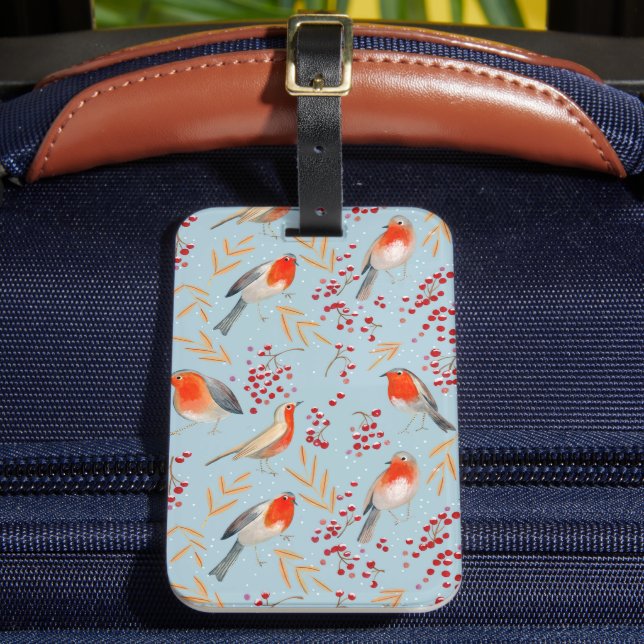 Niedlich Robin Blue Winter Christmas Birds Muster Gepäckanhänger (Vorderseite Insitu 2)