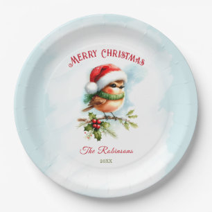 Niedlich Robin in Weihnachtsmannmütze Classic Blue Pappteller