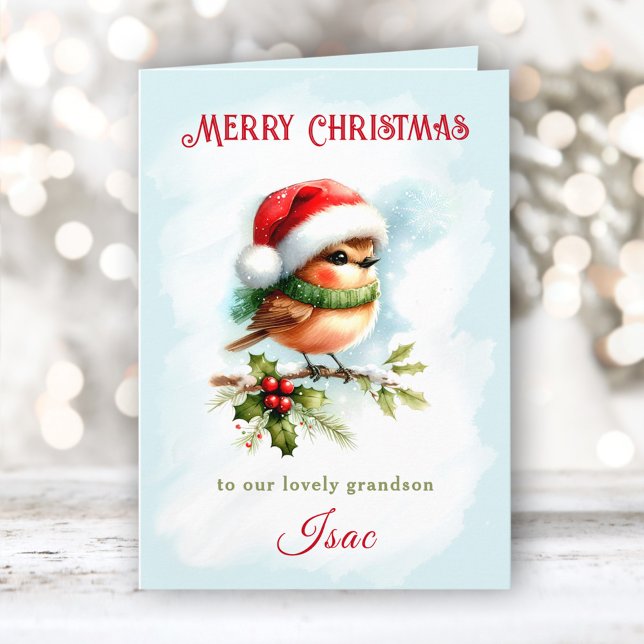 Niedlich Robin in Weihnachtsmannmütze Grandson Kin Karte (Cute Robin In Santa Hat Grandson Kids Christmas Card)