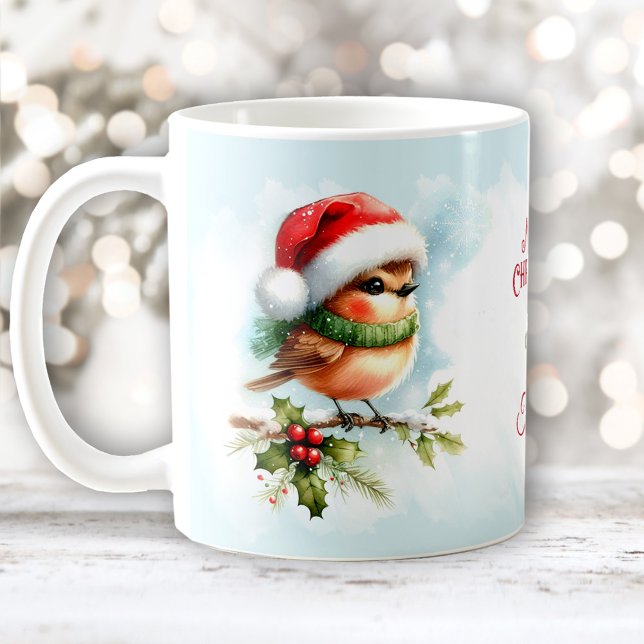 Niedlich Robin In Weihnachtsmannmütze Individuelle Kaffeetasse (Cute Robin In Santa Hat Custom Name Christmas Coffee Mug)