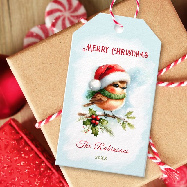 Niedlich Robin In Weihnachtsmannmütze Klassisches  Geschenkanhänger (Cute Robin In Santa Hat Classic Christmas Gift Tags)