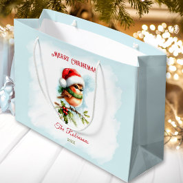 Niedlich Robin In Weihnachtsmannmütze Klassisches  Große Geschenktüte