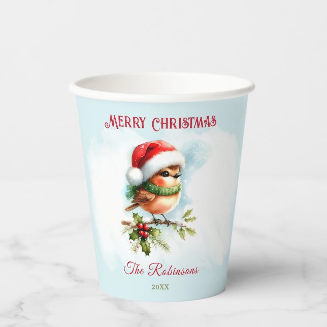 Niedlich Robin In Weihnachtsmannmütze Klassisches  Pappbecher (Vorderseite)