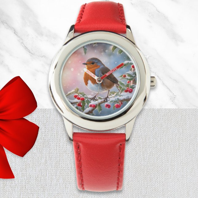 Niedlich Robin RedBrustwinterschnee Hübsch Weihnac Armbanduhr (A pretty Christmas watch with robin redbreast illustration in a watercolor style)