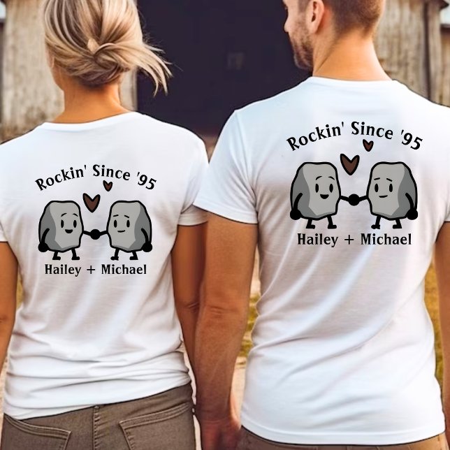 Niedlich Rock Pun Neuvermähltes Ehepaar Jubiläum T-Shirt (cute, funny rock pun "rockin' since '95" newlywed couple anniversary white t-shirt)