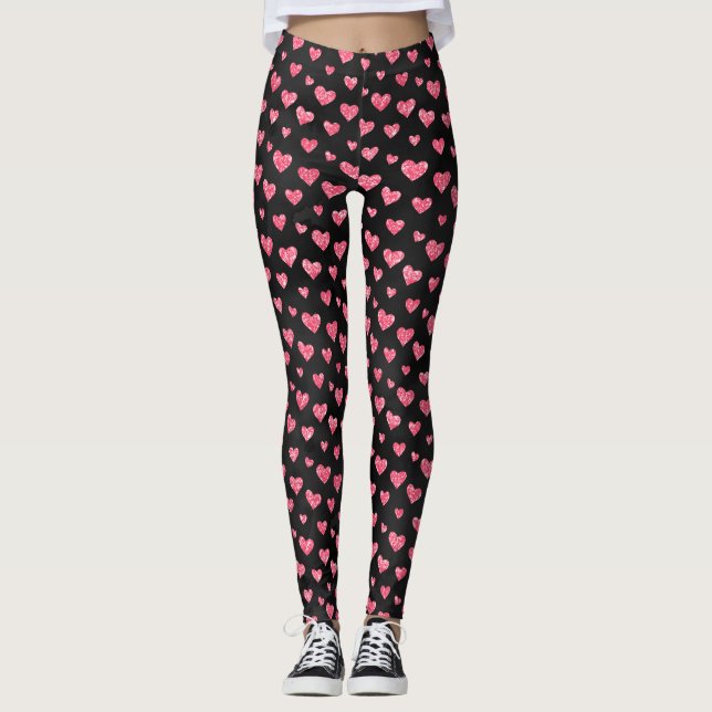 Niedlich Romantischer Rosa Glitzer Herz am Schwarz Leggings (Vorderseite)