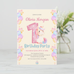 Niedlich Romantisches Einhorn 1. Geburtstag Einlad Einladung