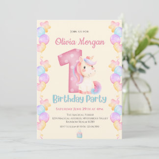 Niedlich Romantisches Einhorn 1. Geburtstag Einlad Einladung