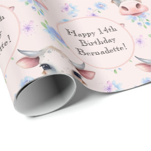 Niedlich rosa Aquarellkuh-Farm Tiertext Geschenkpapier