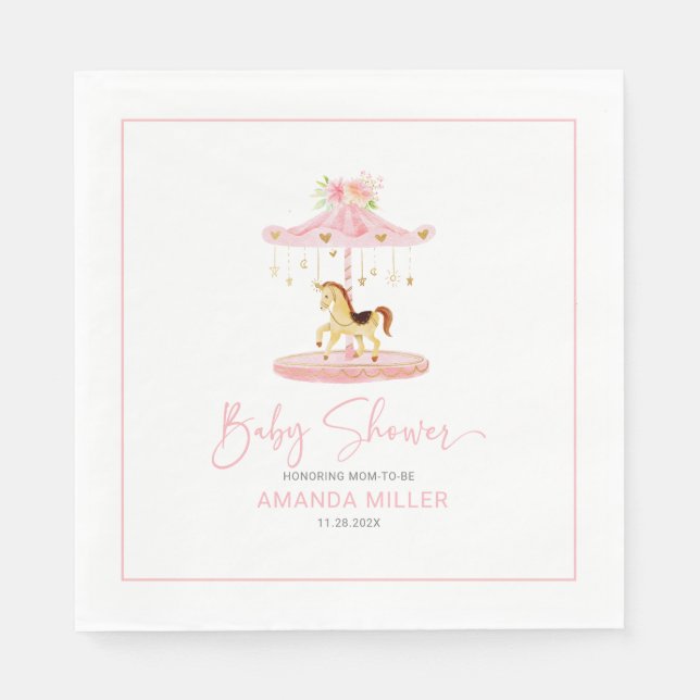 Niedlich rosa Blume-dekoriertes Ponykarussell Serviette (Vorderseite)