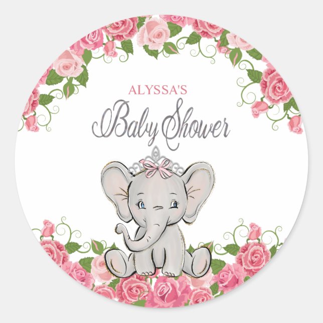 Niedlich rosa Blumendruckerin Elephant Babydusche Runder Aufkleber (Vorderseite)