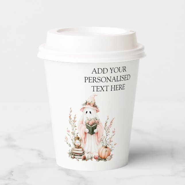 Niedlich rosa Blumenghost mit KürbisHalloween Pappbecher (Vorderseite)