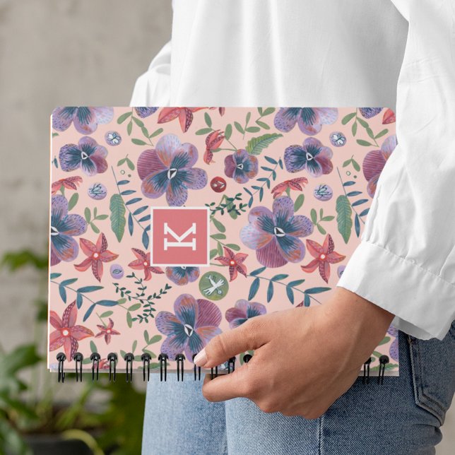 Niedlich rosa Blumenmuster Monogramm Notizbuch (Cute Pink Floral Pattern Monogram Notebook)