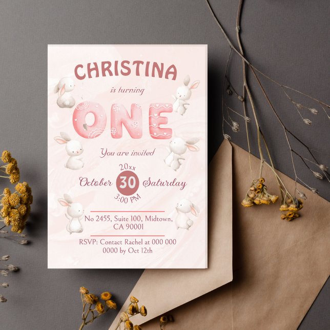 Niedlich rosa Bunny-Themed modern pastellfarben 1. Einladung (Von Creator hochgeladen)