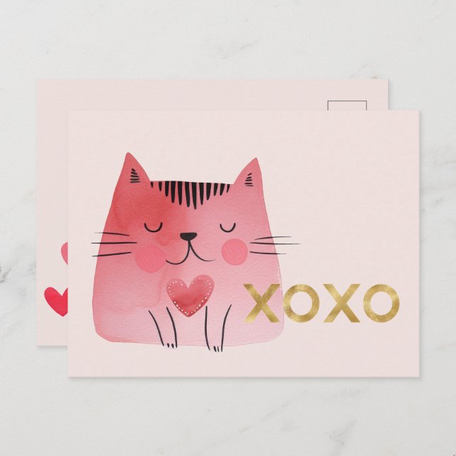 Niedlich-rosa Cat Hearts Gold XOXO Postkarte (Vorne/Hinten)