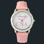 Niedlich rosa CNA Personalisierter Name Armbanduhr<br><div class="desc">Perfektes Geschenk für Krankenpfleger und Assistenzkräfte mit einzigartigem rosa Design.</div>