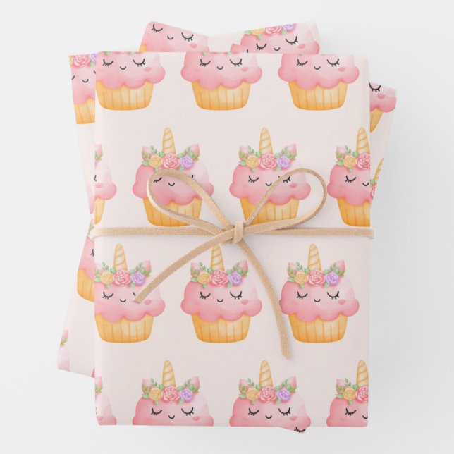 Niedlich rosa Cupcake Einhorn mit Rose Muster Geschenkpapier Set (Beispiel)