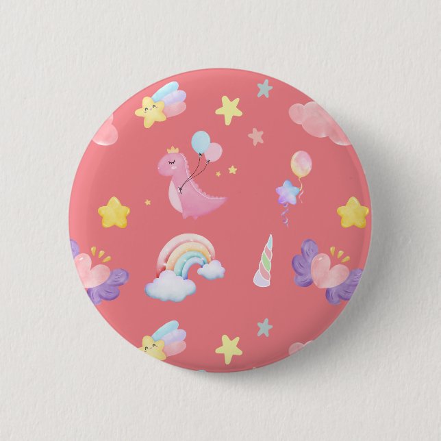 Niedlich-rosa Dinosaurier-Regenbogenballon Muster Button (Vorderseite)