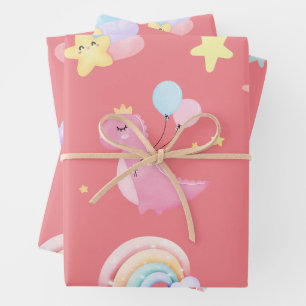 Niedlich-rosa Dinosaurier-Regenbogenballon Muster Geschenkpapier Set