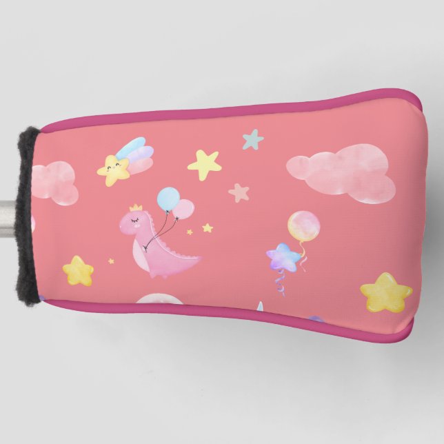 Niedlich-rosa Dinosaurier-Regenbogenballon Muster Golf Headcover (Vorderseite)