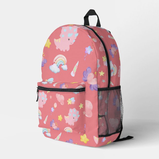 Niedlich rosa Dinosaurier Regenbogenpadel Muster Bedruckter Rucksack (Rückseitige Ecke Rechts)