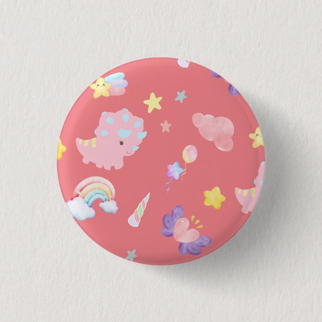 Niedlich rosa Dinosaurier Regenbogenpadel Muster Button (Vorderseite)