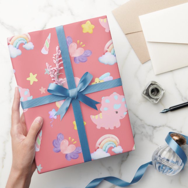 Niedlich rosa Dinosaurier Regenbogenpadel Muster Geschenkpapier (Schenken)