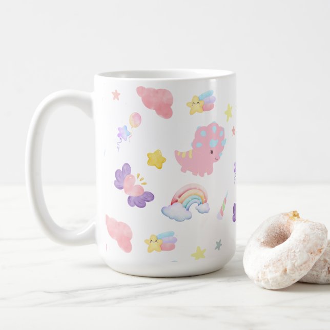 Niedlich rosa Dinosaurier Regenbogenpadel Muster Kaffeetasse (Mit Donut)