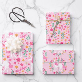 Niedlich rosa Einhorn-Blume Muster Personalisiert Geschenkpapier Set