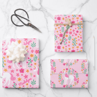 Niedlich rosa Einhorn-Blume Muster Personalisiert Geschenkpapier Set