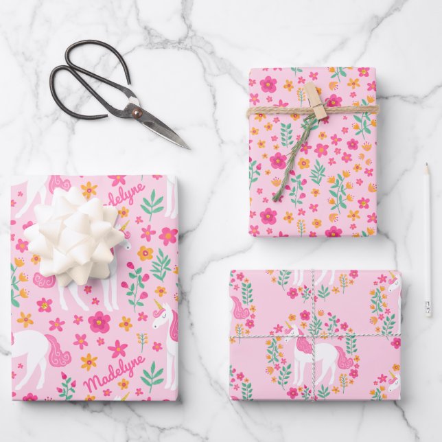 Niedlich rosa Einhorn-Blume Muster Personalisiert  Geschenkpapier Set (Vorderseite)