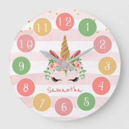Niedlich rosa Einhorngesicht mit Blume Große Wanduhr