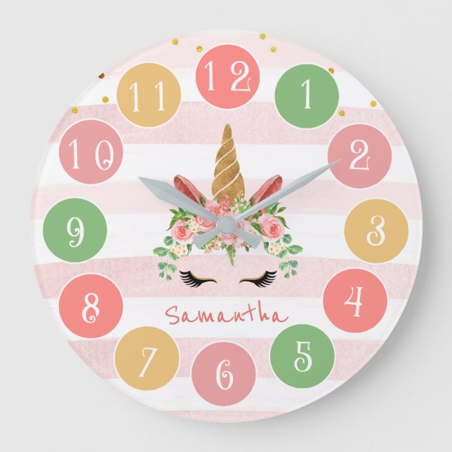 Niedlich rosa Einhorngesicht mit Blume Große Wanduhr (Vorderseite)
